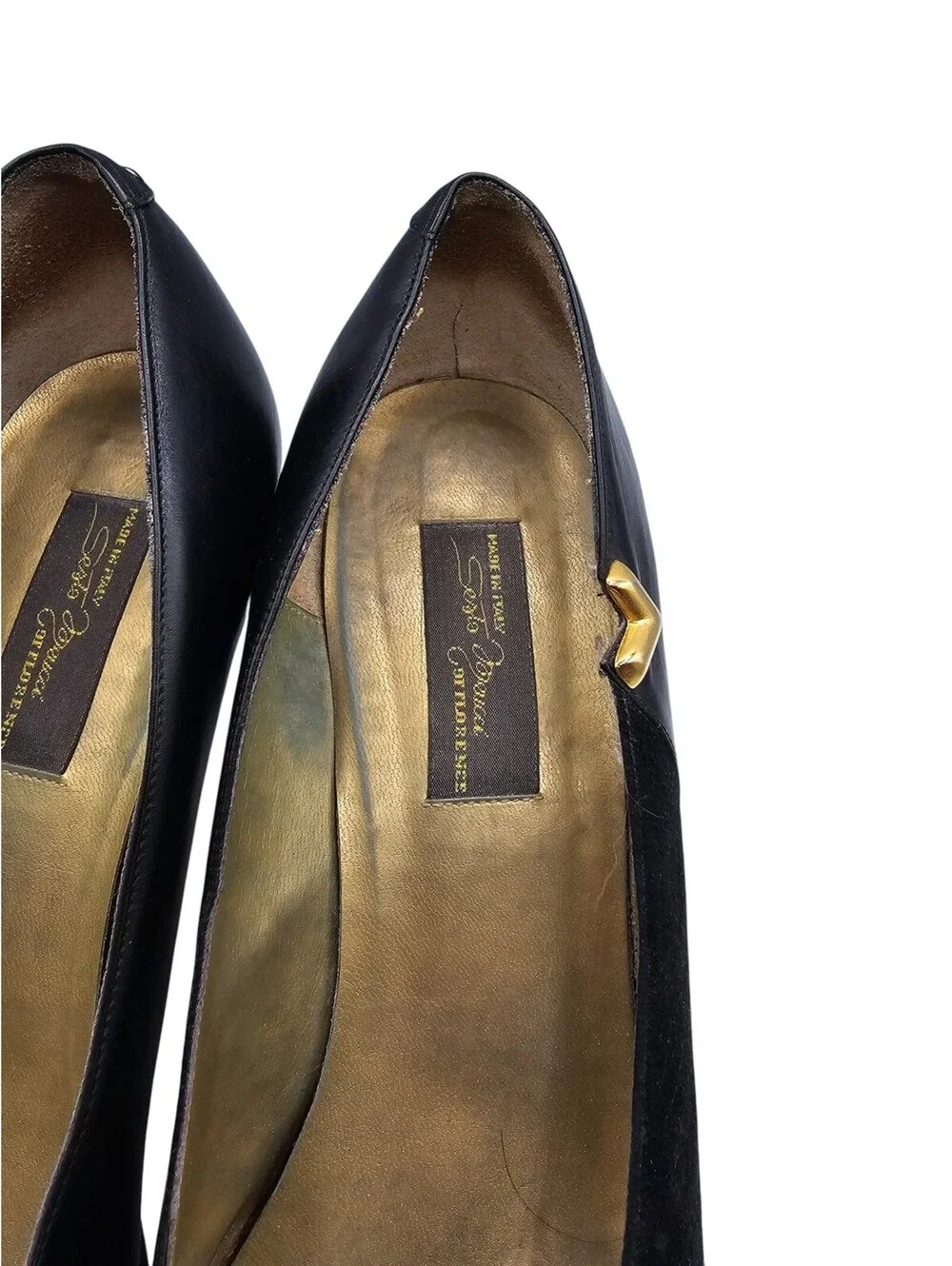 Vtg 1980s Sesto Meucci Womens Sz 9 Black Suede Leather Pumps w/ Gold Detail